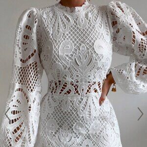 Showpo. Kiss Me Now Mini Dress Sz 16 - Long Puff Sleeve Dress in White Lace